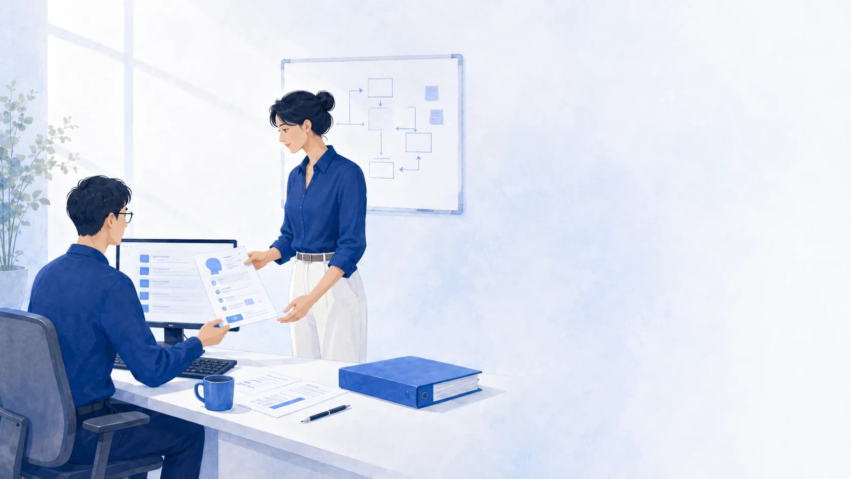同事在现代工作室中整理、交接并使用 AI Skill